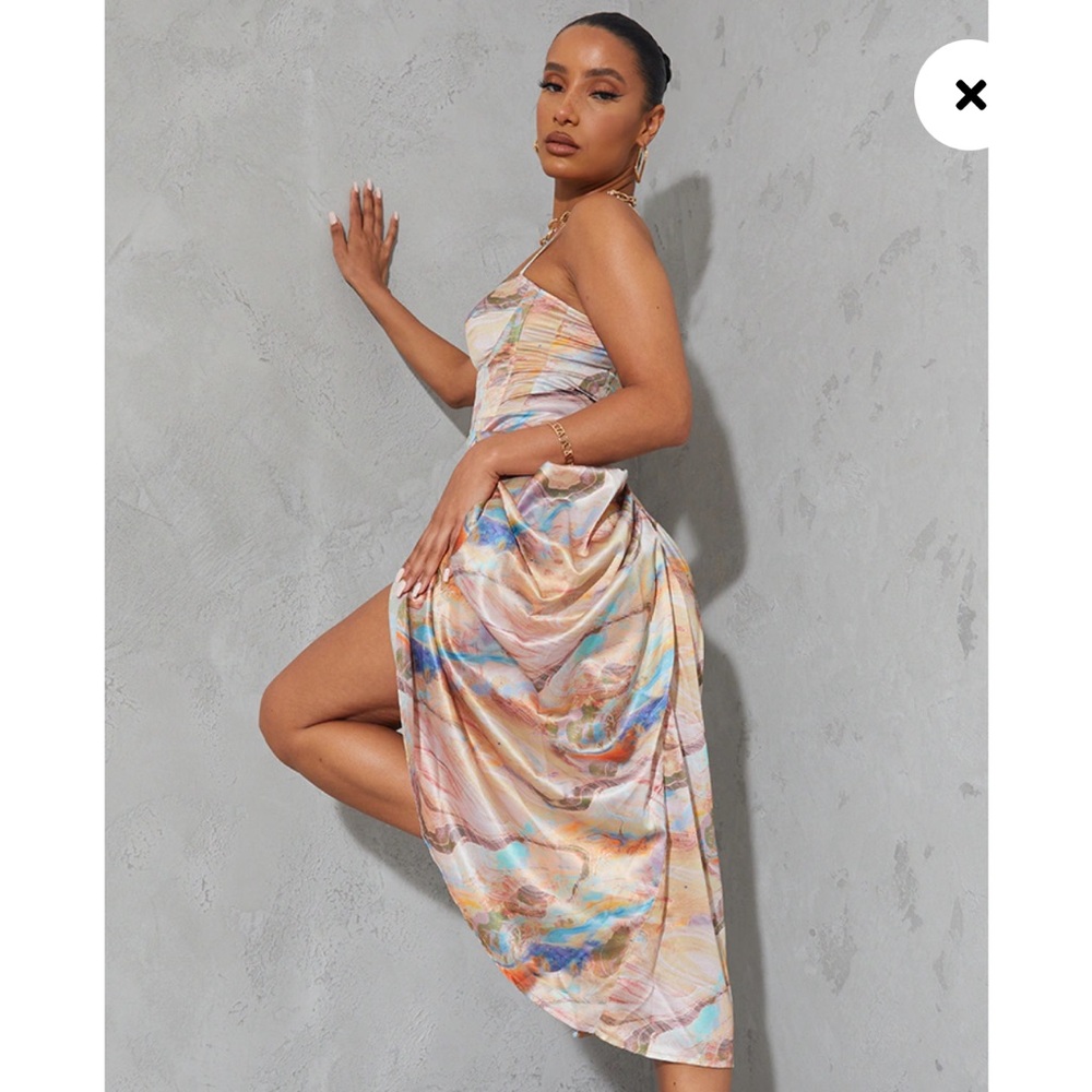 Multi Marble Print Satin Ruched Skirt Corset Detail Midi Dress size 6 - Picture 4 of 12